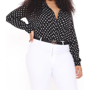 Fashion Nova Women's Collared Button Up Polka Dot XL You Better Work Shirt